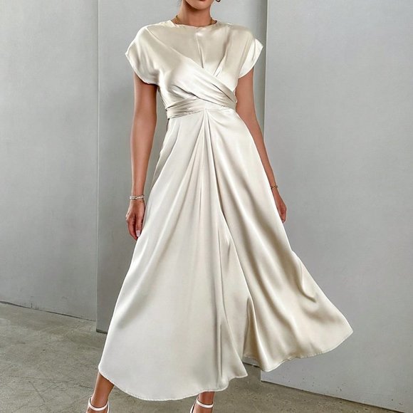 . Dresses & Skirts - Apricot Casual Womens Solid Criss Cross Front Satin A-line Dress